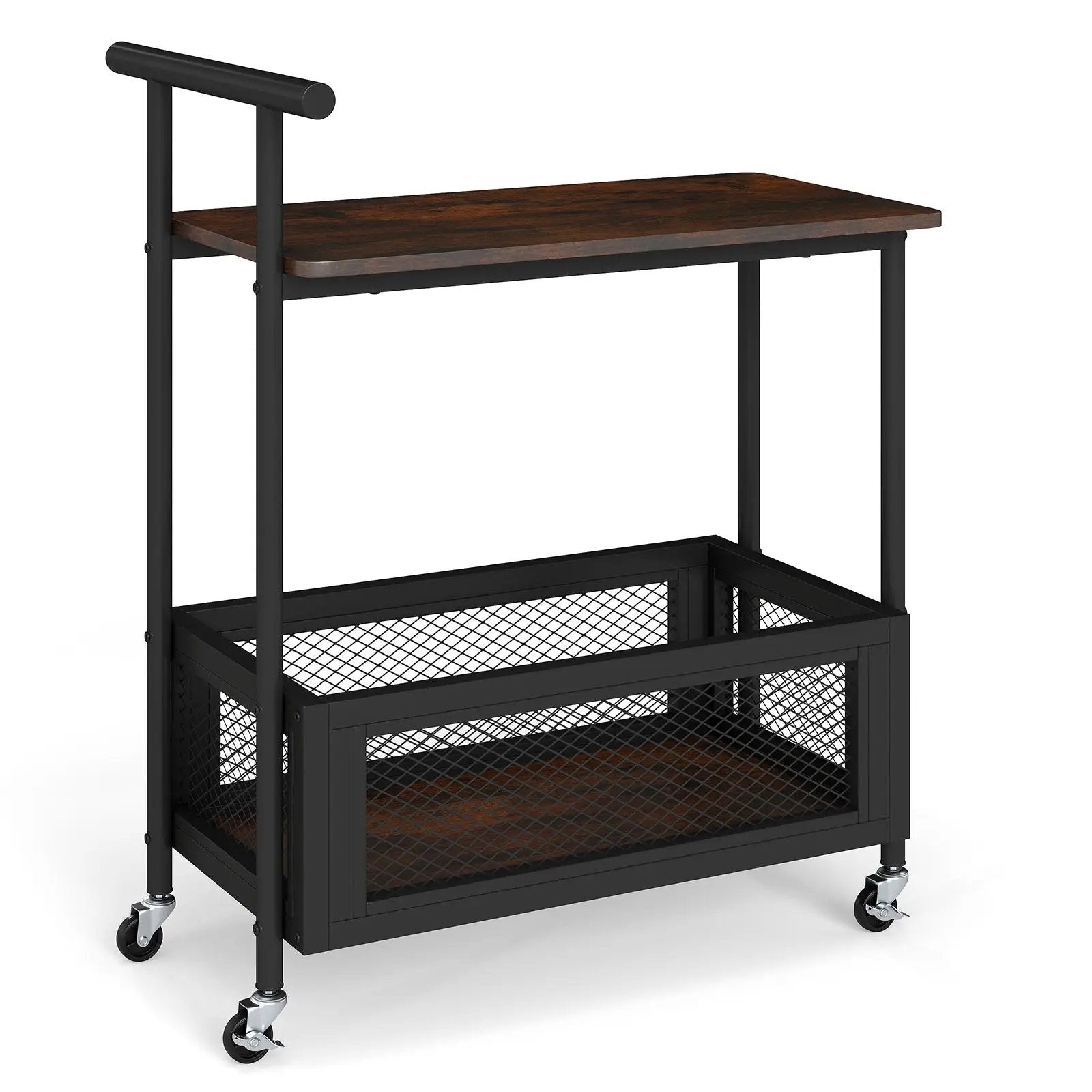 2-Tier Rolling End Table with Handle and Mesh Basket-Rustic Brown by DirectDeals
