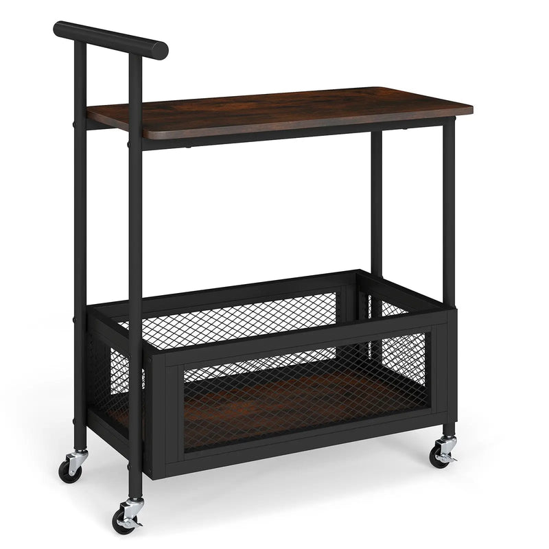 2-Tier Rolling End Table with Handle and Mesh Basket-Rustic Brown by DirectDeals