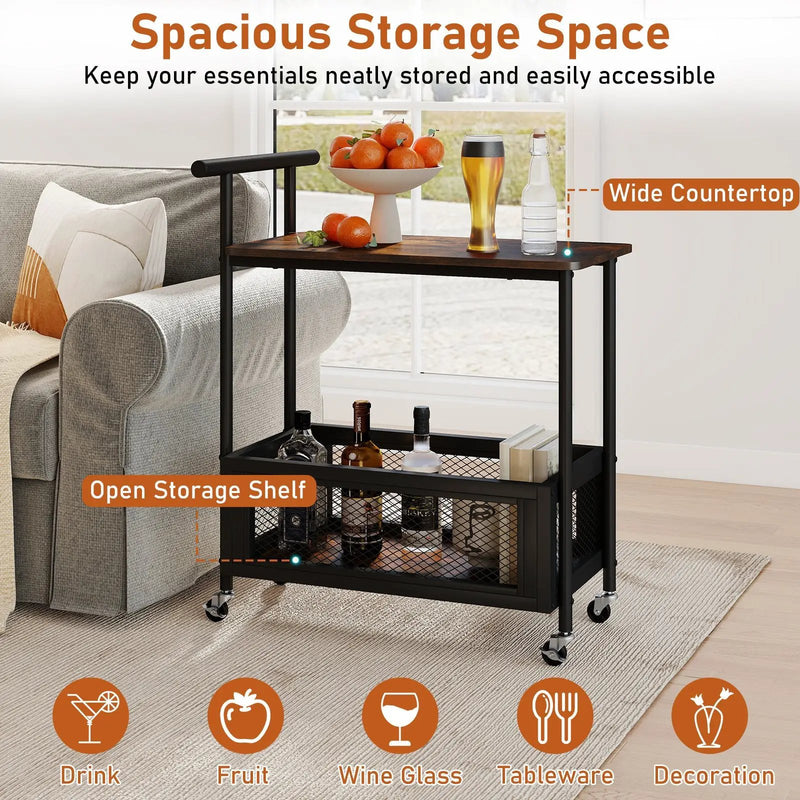 2-Tier Rolling End Table with Handle and Mesh Basket-Rustic Brown by DirectDeals
