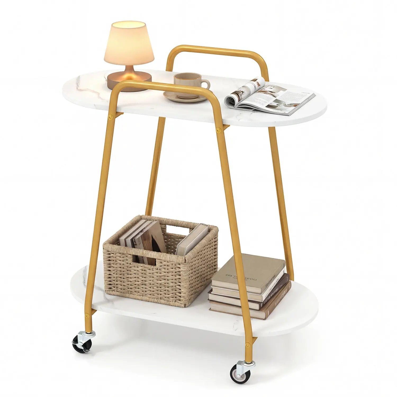 Rolling End Table with Faux Marble Top - 2-Tier Storage by DirectDeals