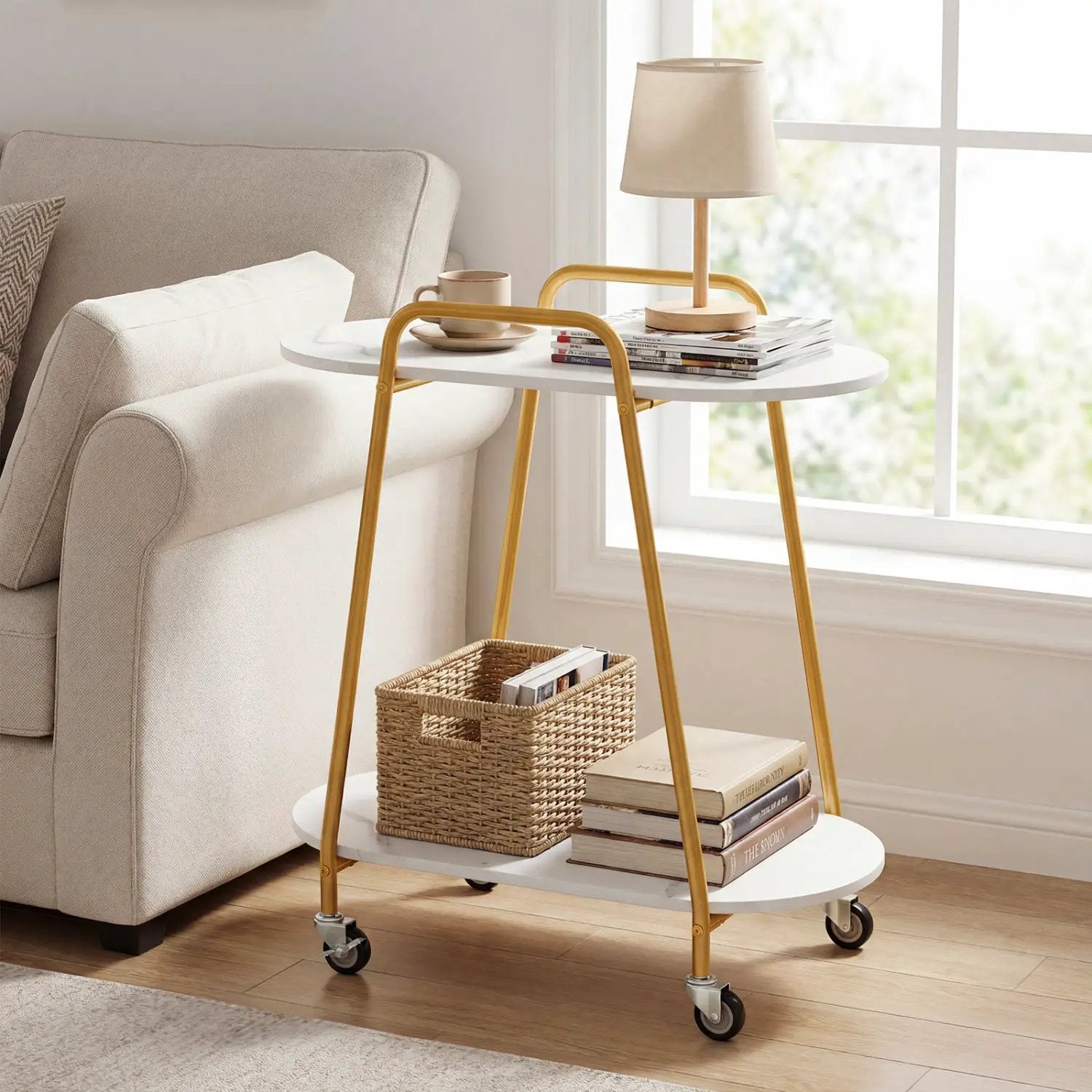 Rolling End Table with Faux Marble Top - 2-Tier Storage by DirectDeals