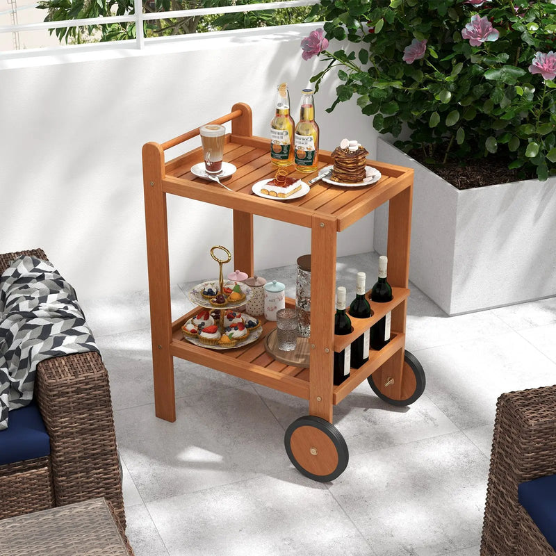 2 Tier Rolling Serving Cart with Wine Bottle Holders and 2 Rubber Wheels by DirectDeals