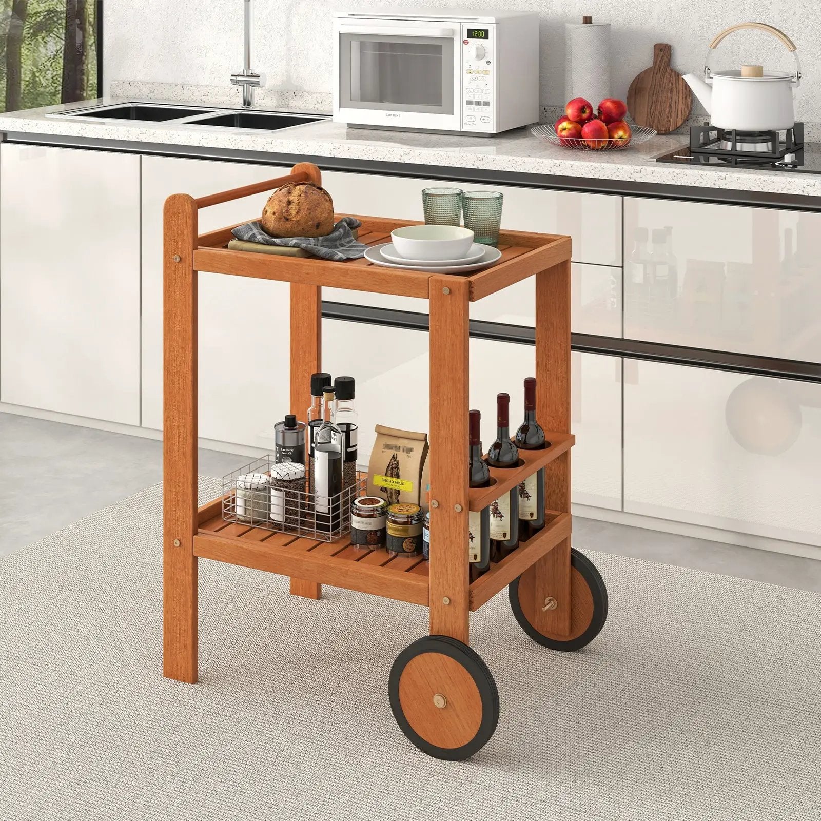 2 Tier Rolling Serving Cart with Wine Bottle Holders and 2 Rubber Wheels by DirectDeals