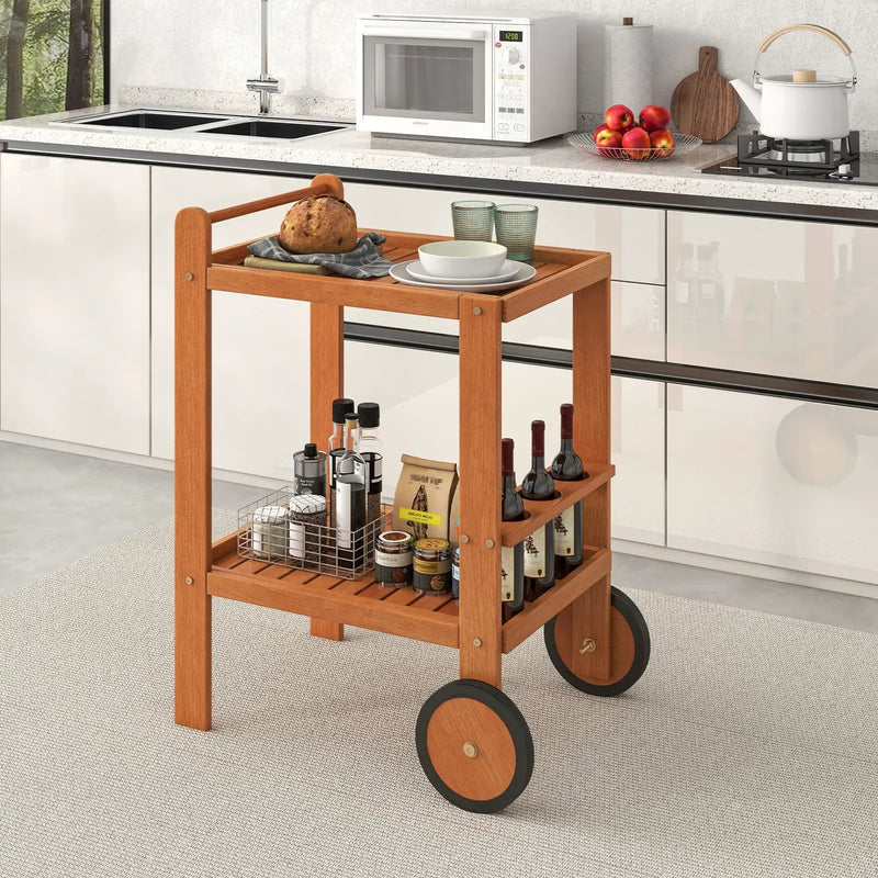 2 Tier Rolling Serving Cart with Wine Bottle Holders and 2 Rubber Wheels by DirectDeals