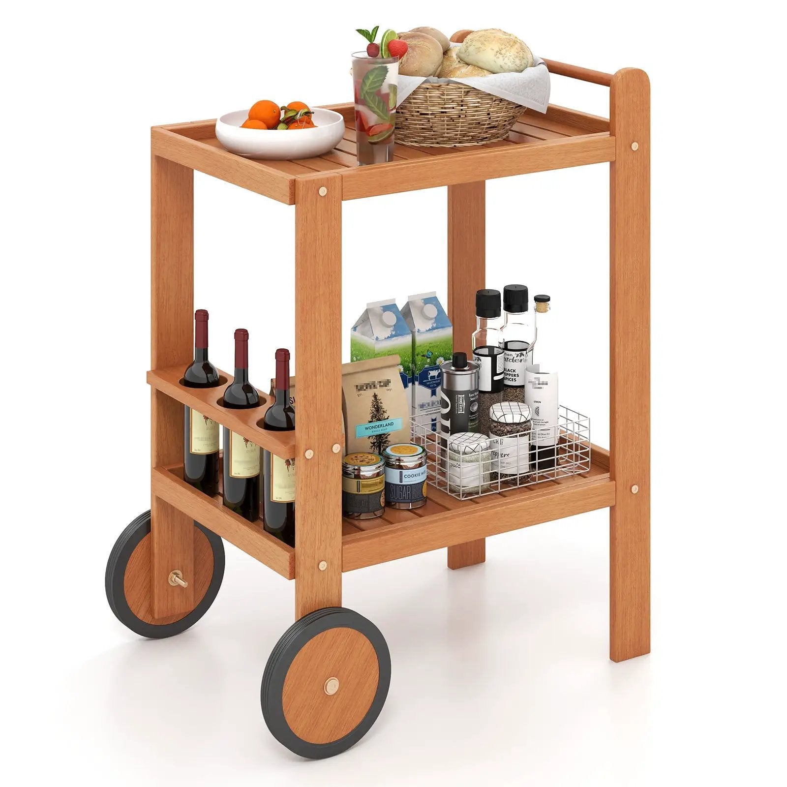 2 Tier Rolling Serving Cart with Wine Bottle Holders and 2 Rubber Wheels by DirectDeals
