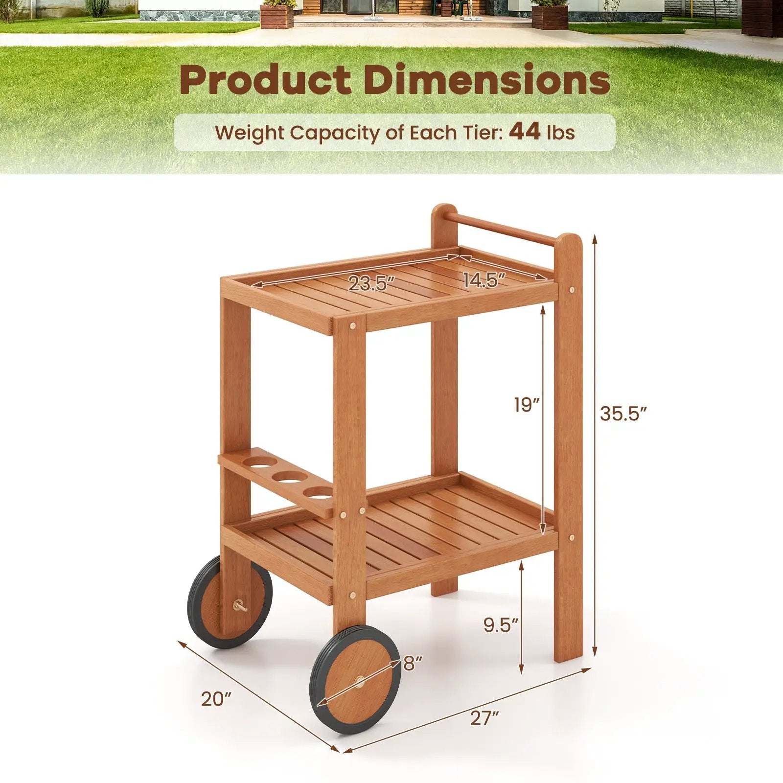 2 Tier Rolling Serving Cart with Wine Bottle Holders and 2 Rubber Wheels by DirectDeals