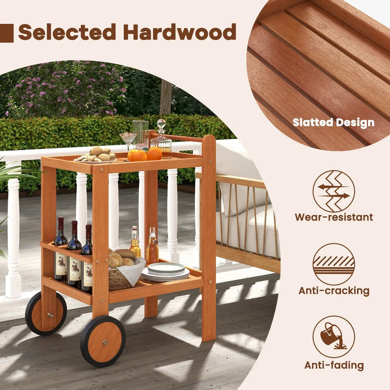 2 Tier Rolling Serving Cart with Wine Bottle Holders and 2 Rubber Wheels by DirectDeals