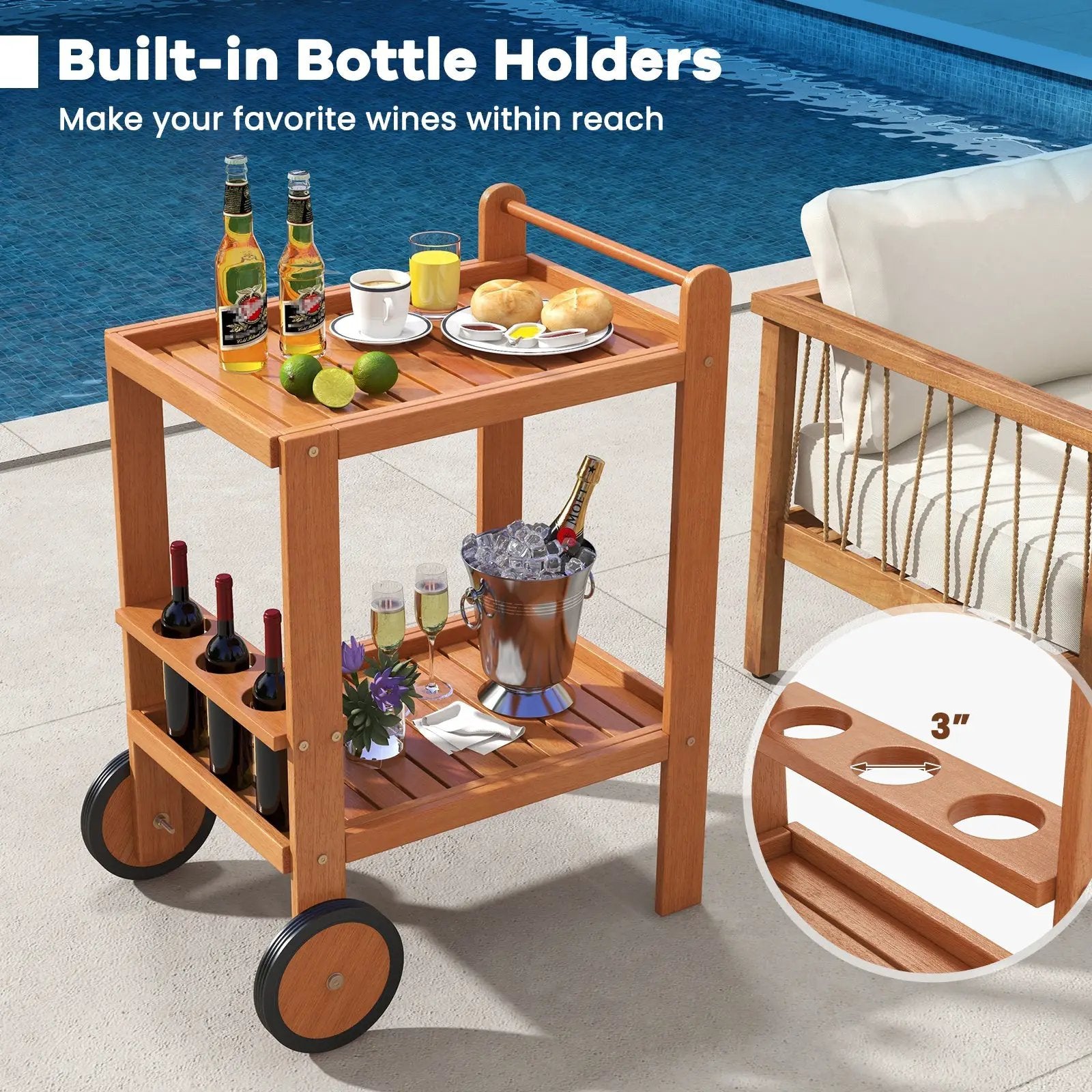 2 Tier Rolling Serving Cart with Wine Bottle Holders and 2 Rubber Wheels by DirectDeals