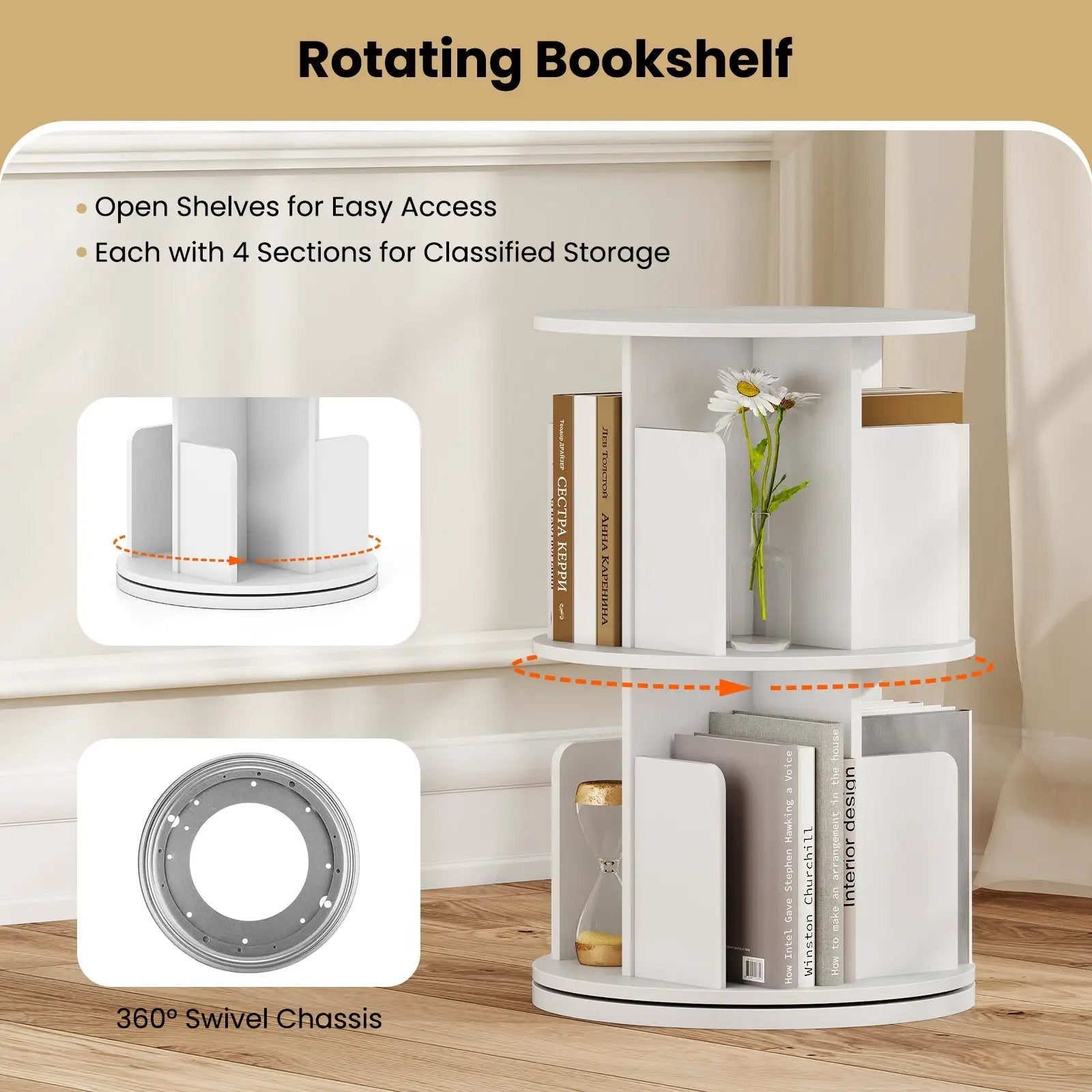 2-Tier Rotating Bookshelf with Dividers and Anti-falling Baffles by DirectDeals