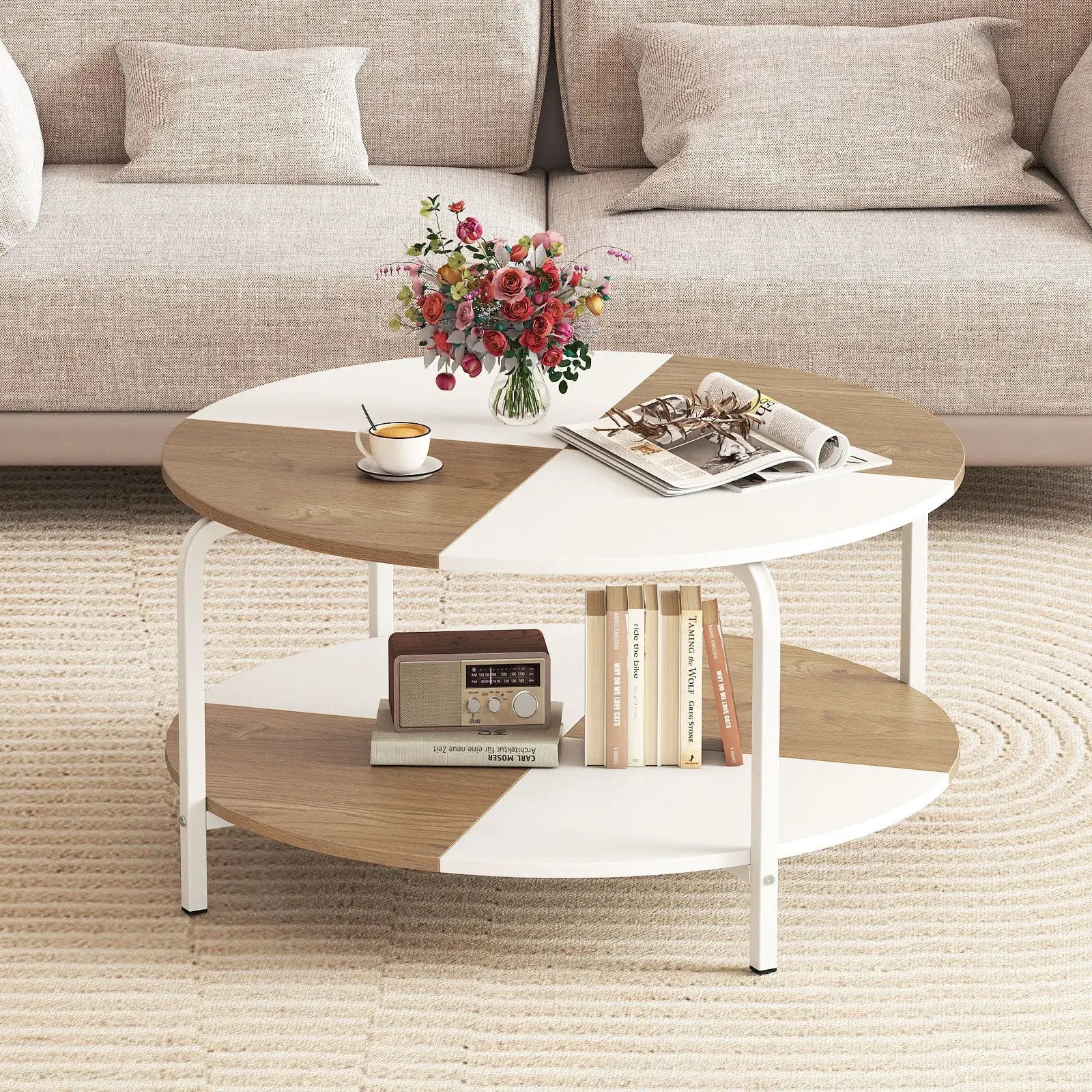 2-Tier Round Coffee Table Metal Frame with Storage Shelf by DirectDeals