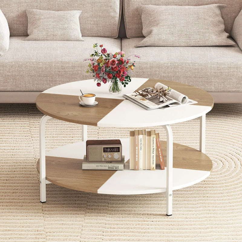 2-Tier Round Coffee Table Metal Frame with Storage Shelf by DirectDeals