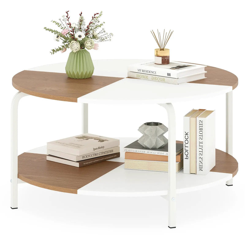 2-Tier Round Coffee Table Metal Frame with Storage Shelf by DirectDeals
