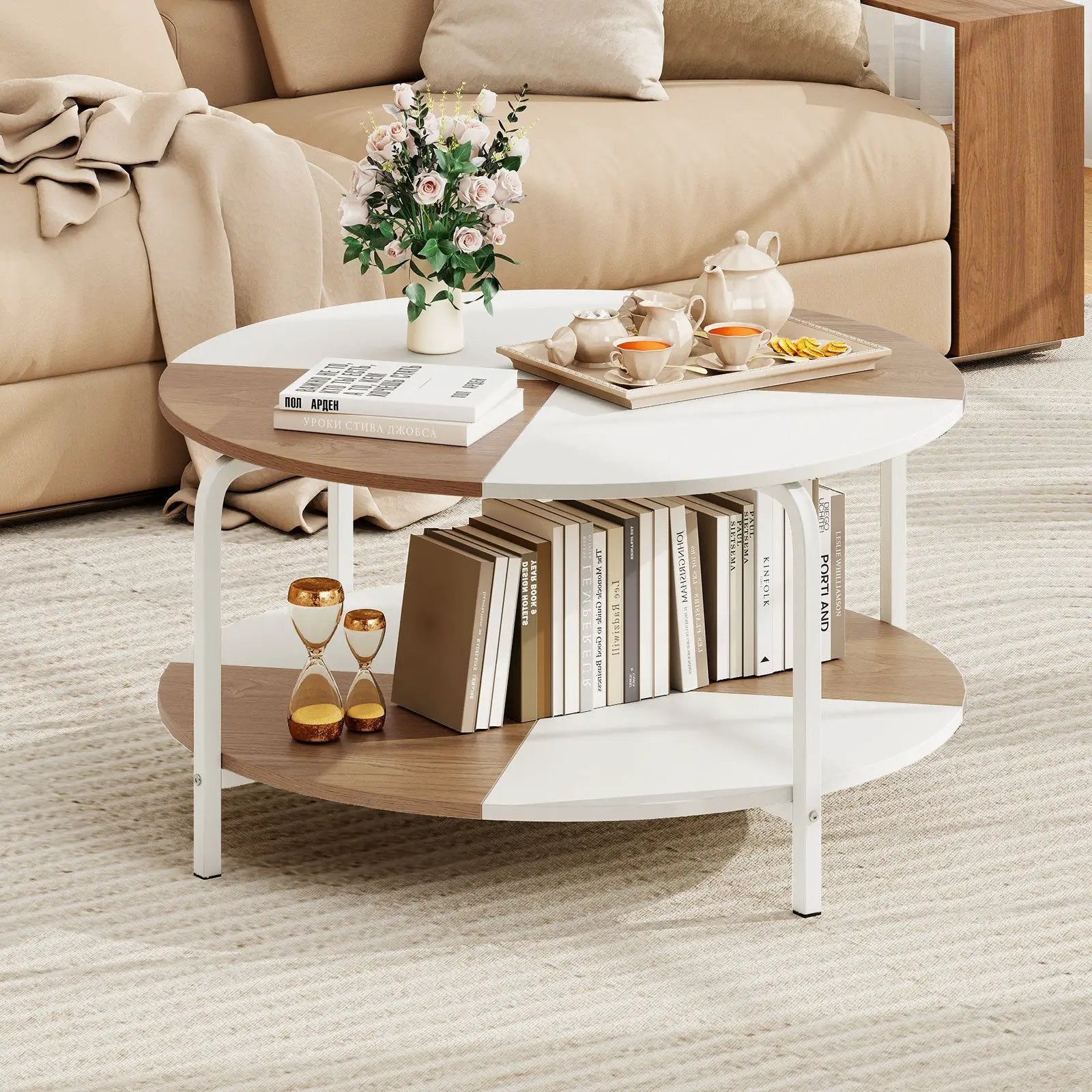 2-Tier Round Coffee Table Metal Frame with Storage Shelf by DirectDeals