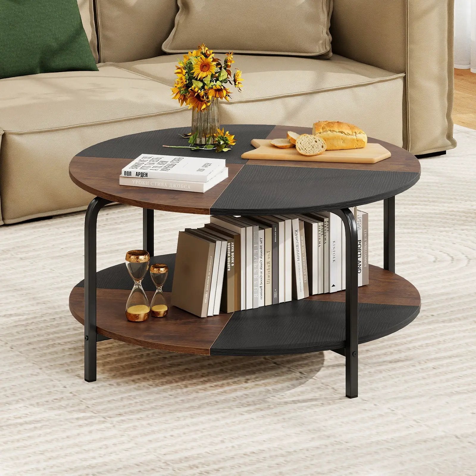 2-Tier Round Coffee Table Metal Frame with Storage Shelf by DirectDeals