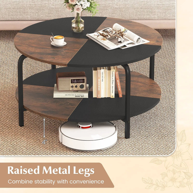 2-Tier Round Coffee Table Metal Frame with Storage Shelf by DirectDeals