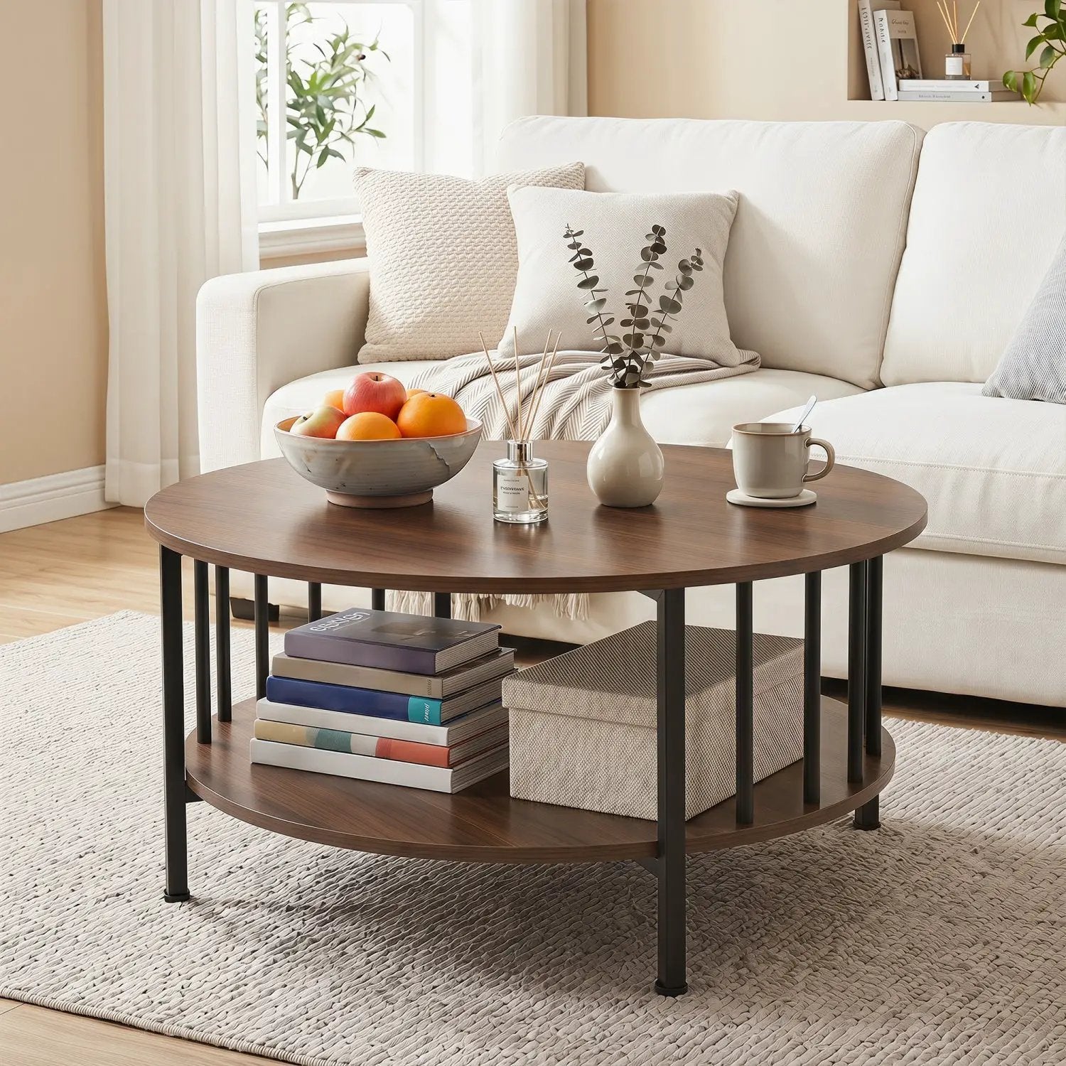 Round Coffee Table with Storage Shelf and Metal Frame by DirectDeals