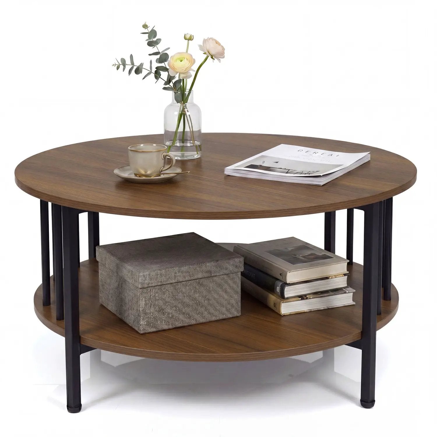 Round Coffee Table with Storage Shelf and Metal Frame by DirectDeals