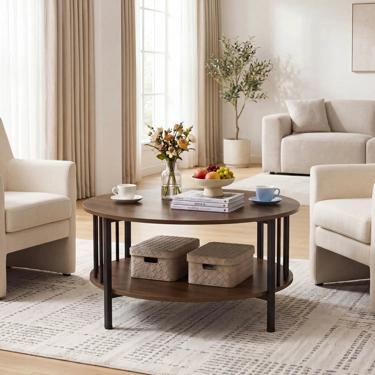 Round Coffee Table with Storage Shelf and Metal Frame by DirectDeals