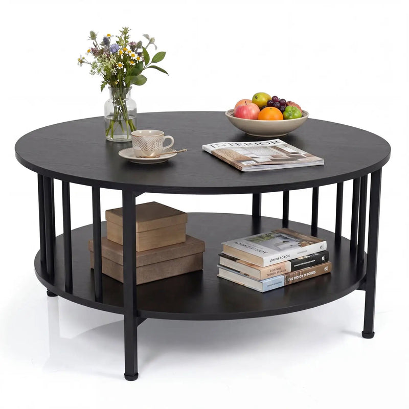 Round Coffee Table with Storage Shelf and Metal Frame by DirectDeals