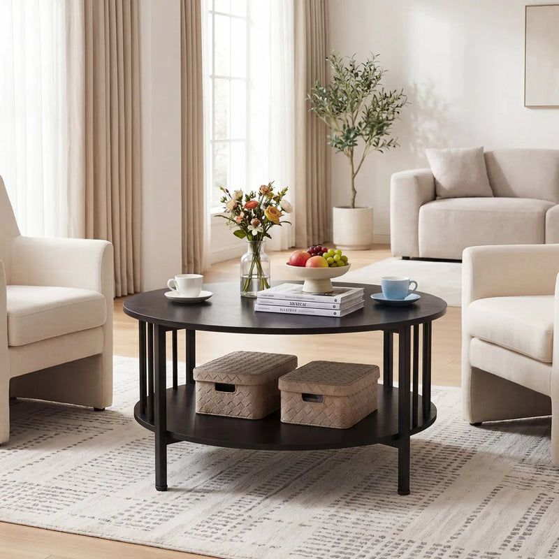 Round Coffee Table with Storage Shelf and Metal Frame by DirectDeals