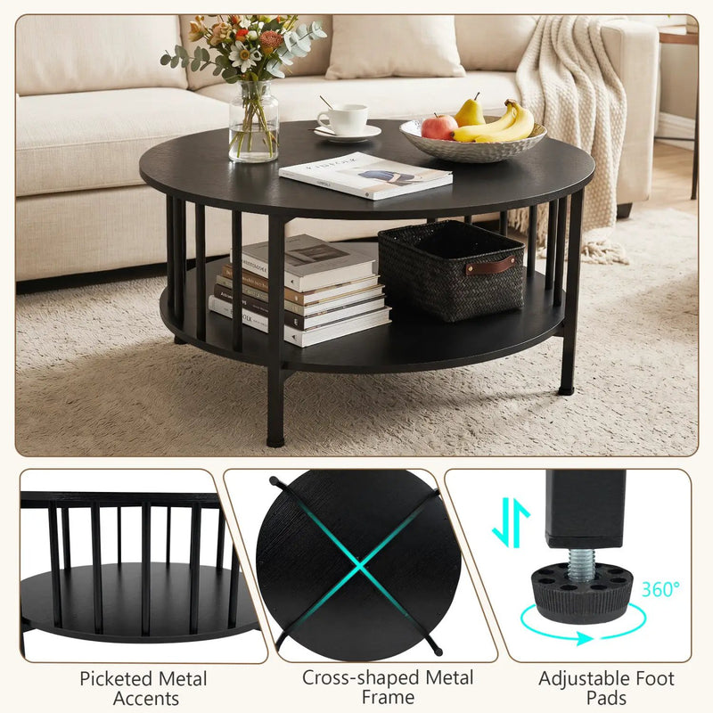 Round Coffee Table with Storage Shelf and Metal Frame by DirectDeals