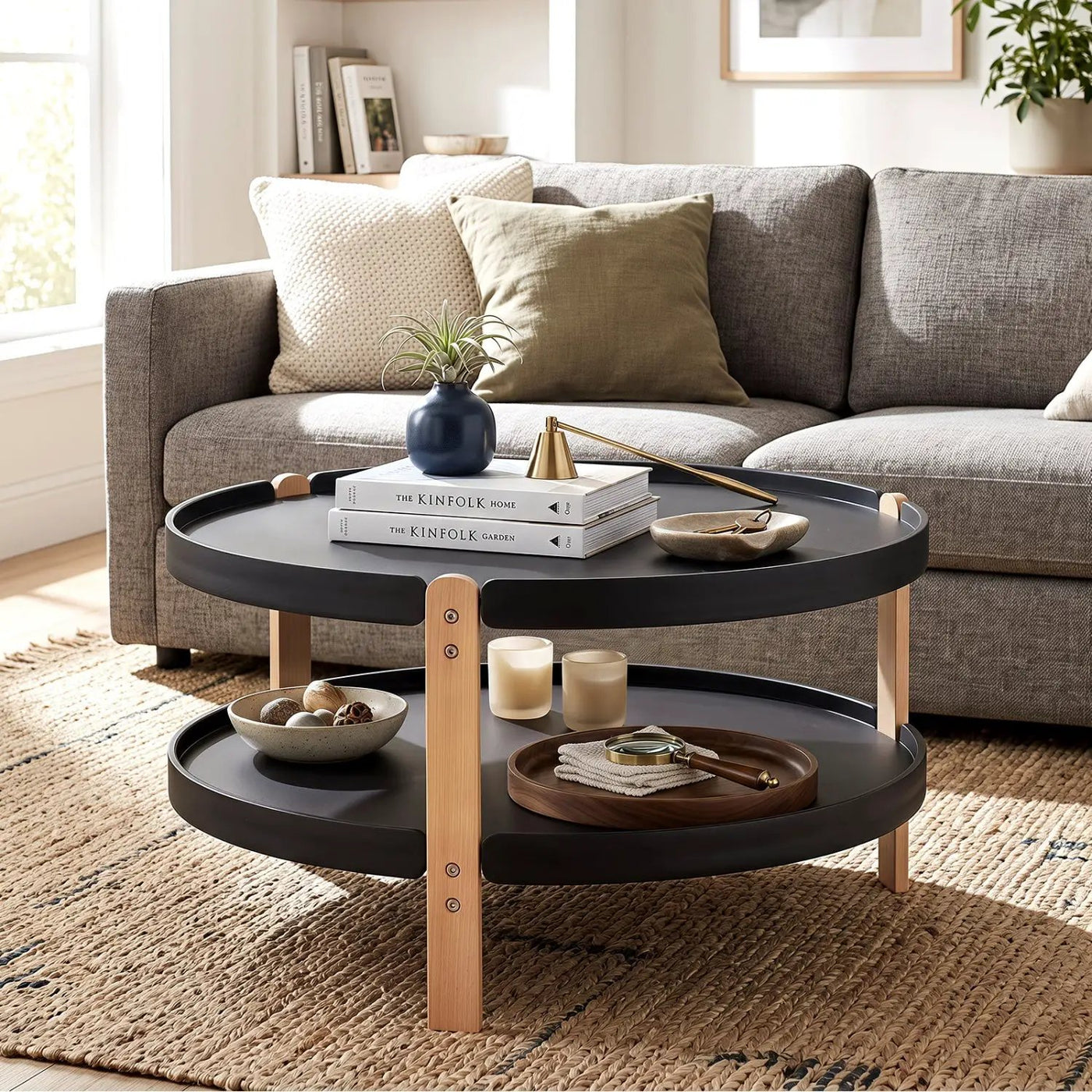 Round Coffee Table with 2-Tier Storage and Beech Wood Legs by DirectDeals