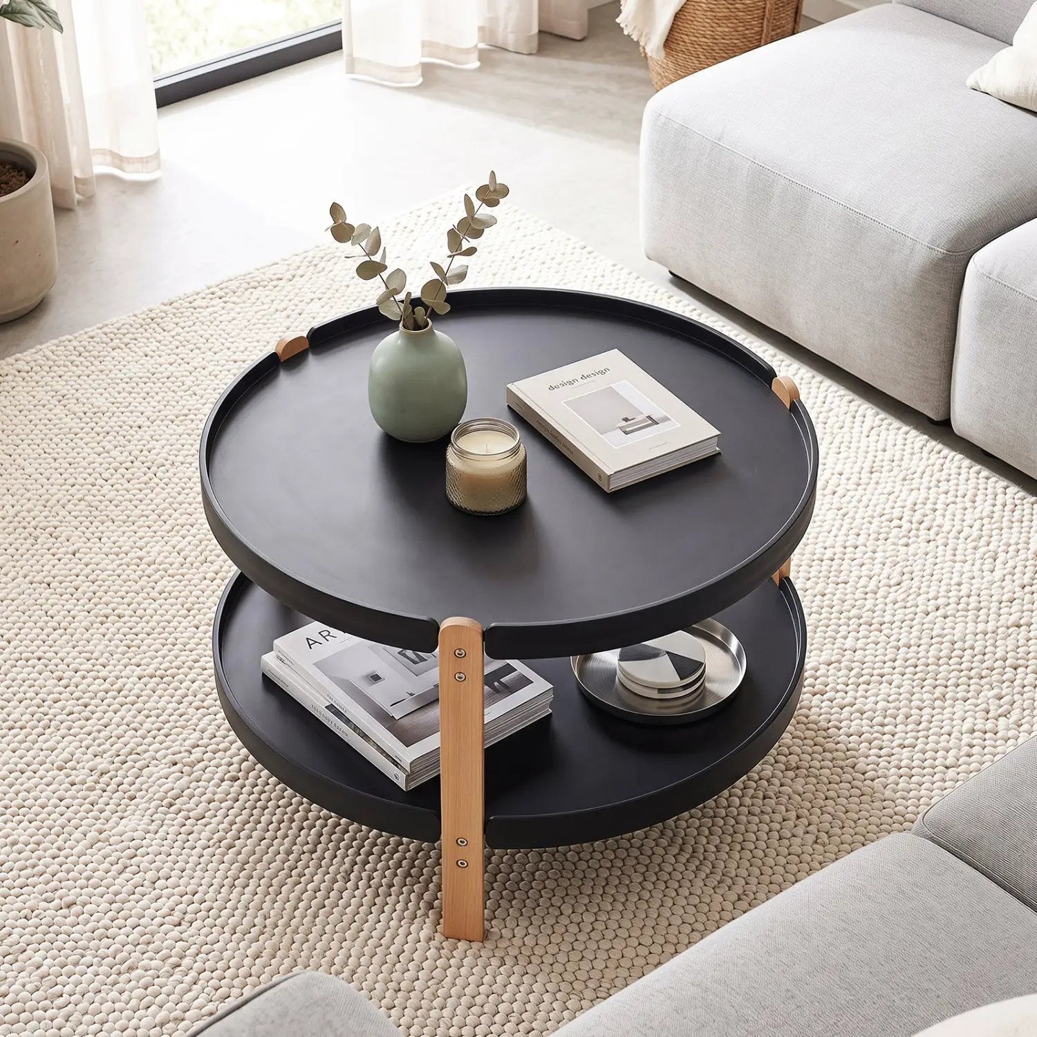 Round Coffee Table with 2-Tier Storage and Beech Wood Legs by DirectDeals