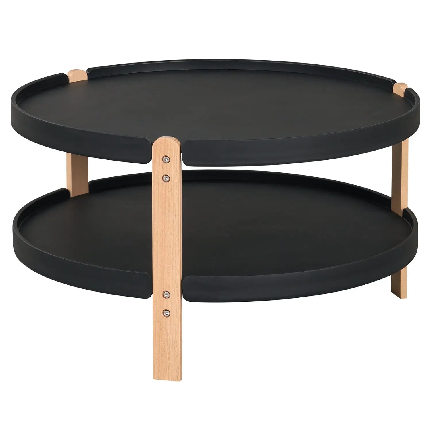 Round Coffee Table with 2-Tier Storage and Beech Wood Legs by DirectDeals