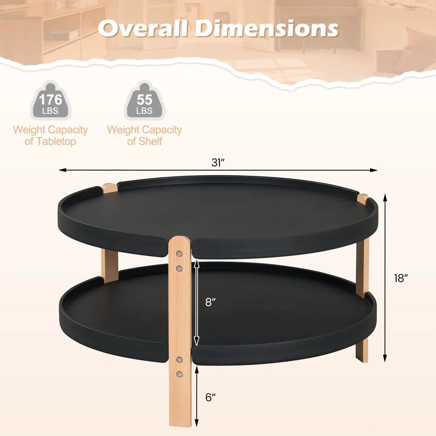 Round Coffee Table with 2-Tier Storage and Beech Wood Legs by DirectDeals