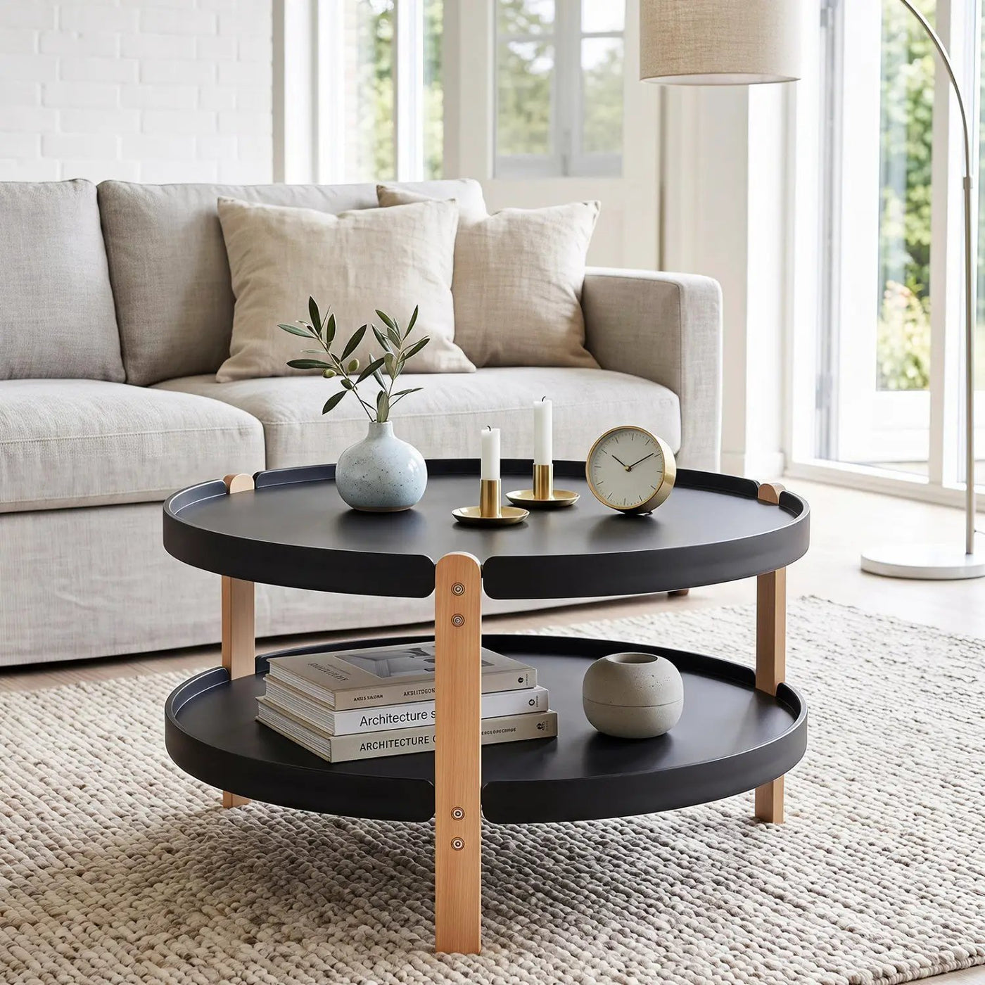 Round Coffee Table with 2-Tier Storage and Beech Wood Legs by DirectDeals