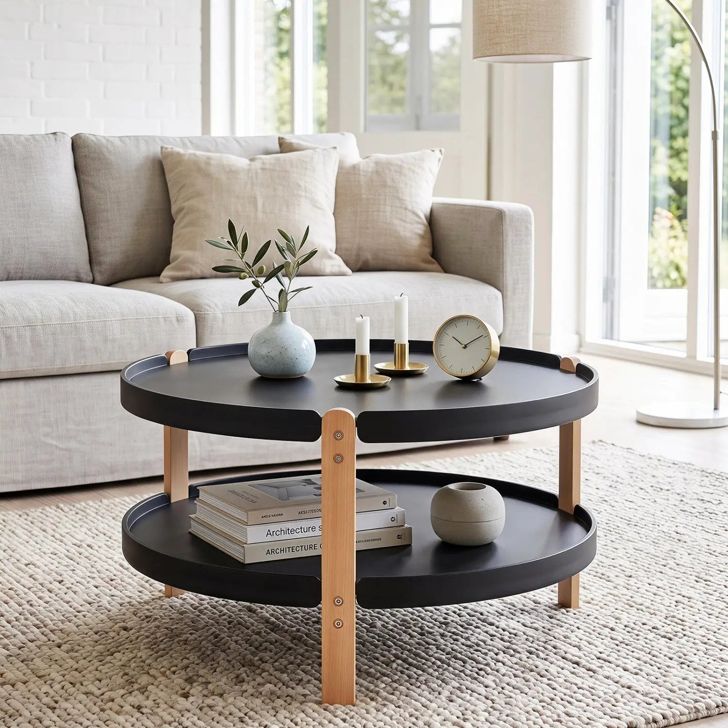 Round Coffee Table with 2-Tier Storage and Beech Wood Legs by DirectDeals