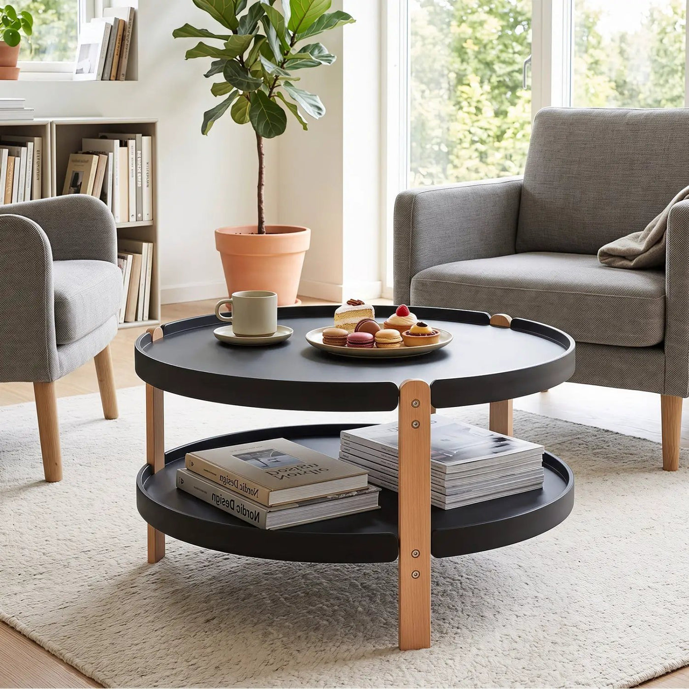 Round Coffee Table with 2-Tier Storage and Beech Wood Legs by DirectDeals