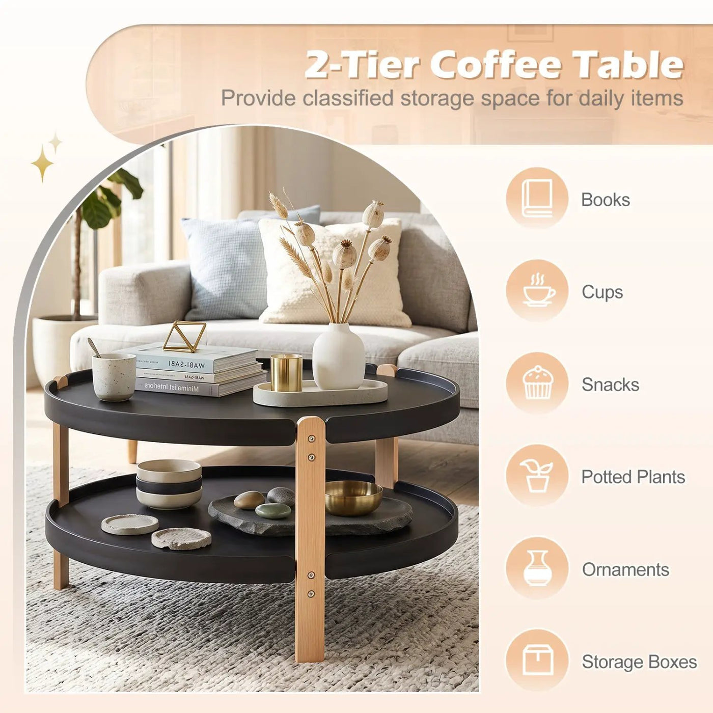 Round Coffee Table with 2-Tier Storage and Beech Wood Legs by DirectDeals