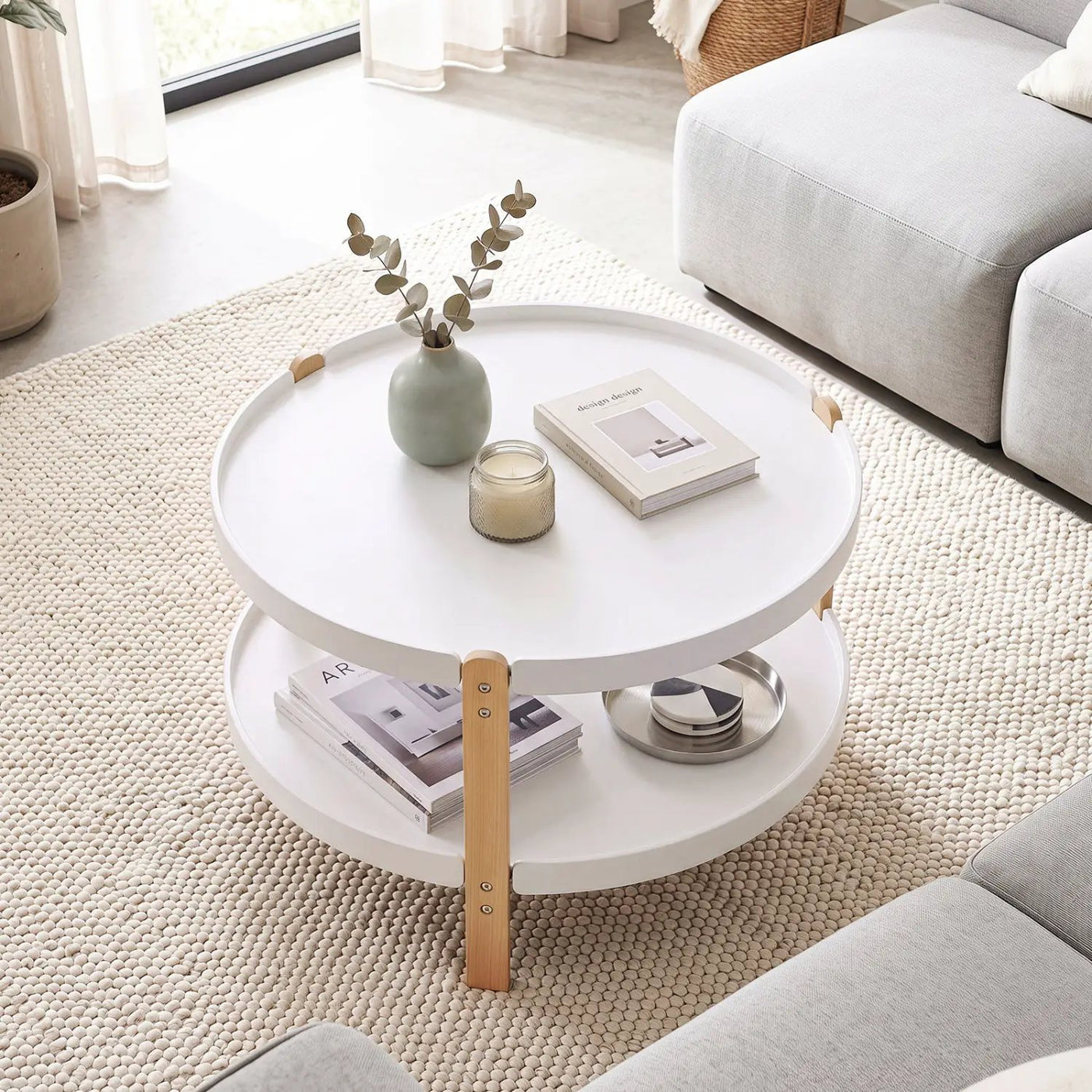 Round Coffee Table with 2-Tier Storage and Beech Wood Legs by DirectDeals
