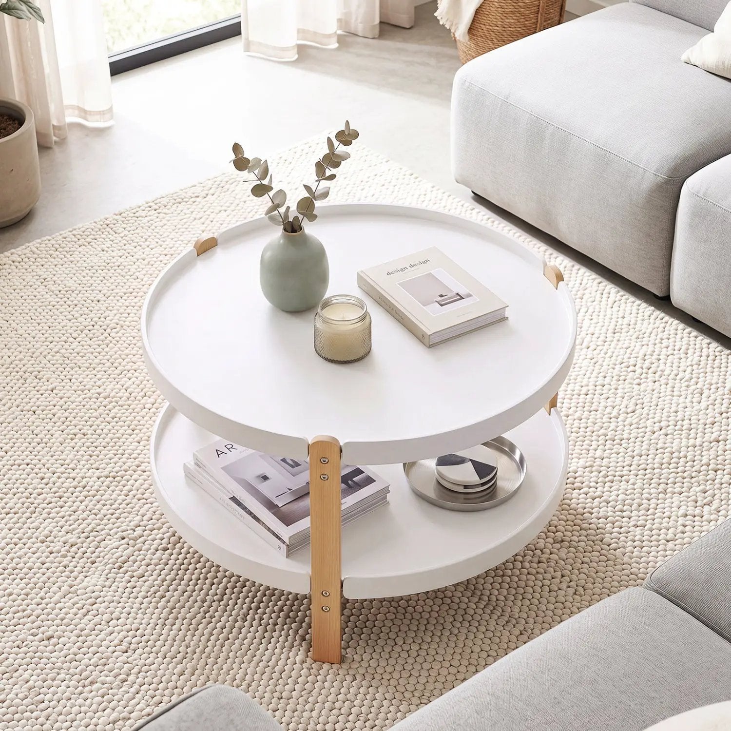 Round Coffee Table with 2-Tier Storage and Beech Wood Legs by DirectDeals