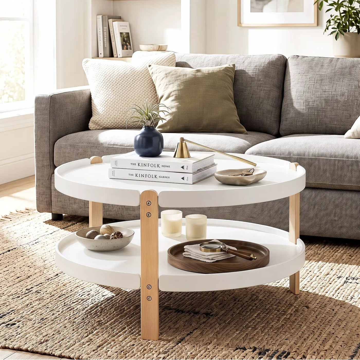 Round Coffee Table with 2-Tier Storage and Beech Wood Legs by DirectDeals