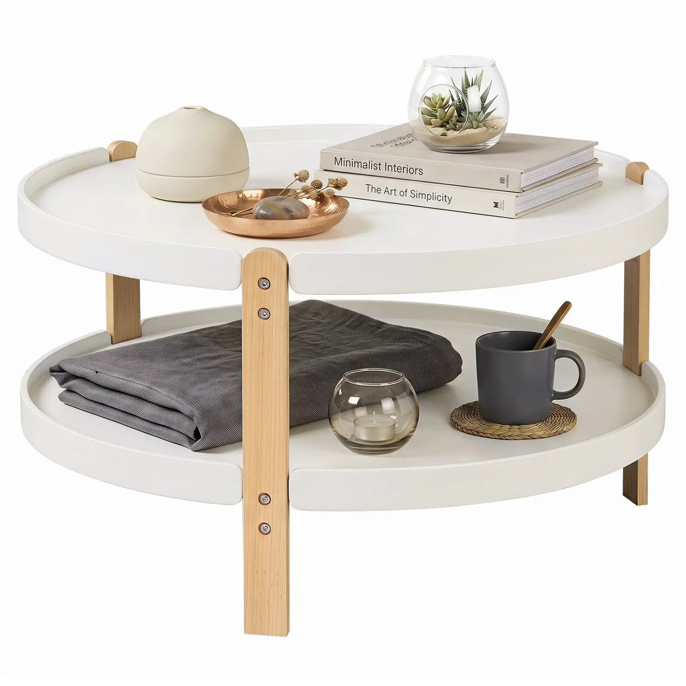 Round Coffee Table with 2-Tier Storage and Beech Wood Legs by DirectDeals