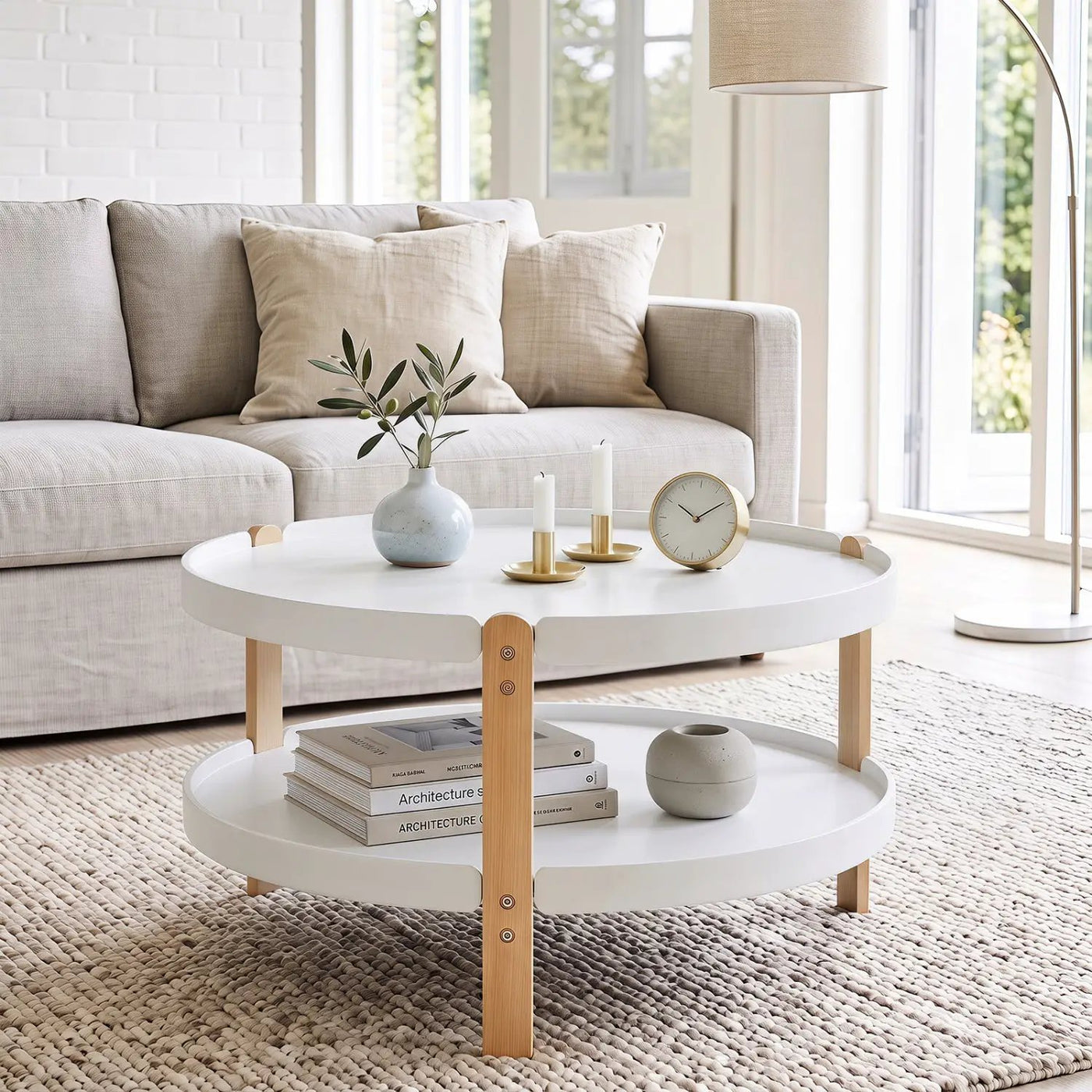 Round Coffee Table with 2-Tier Storage and Beech Wood Legs by DirectDeals