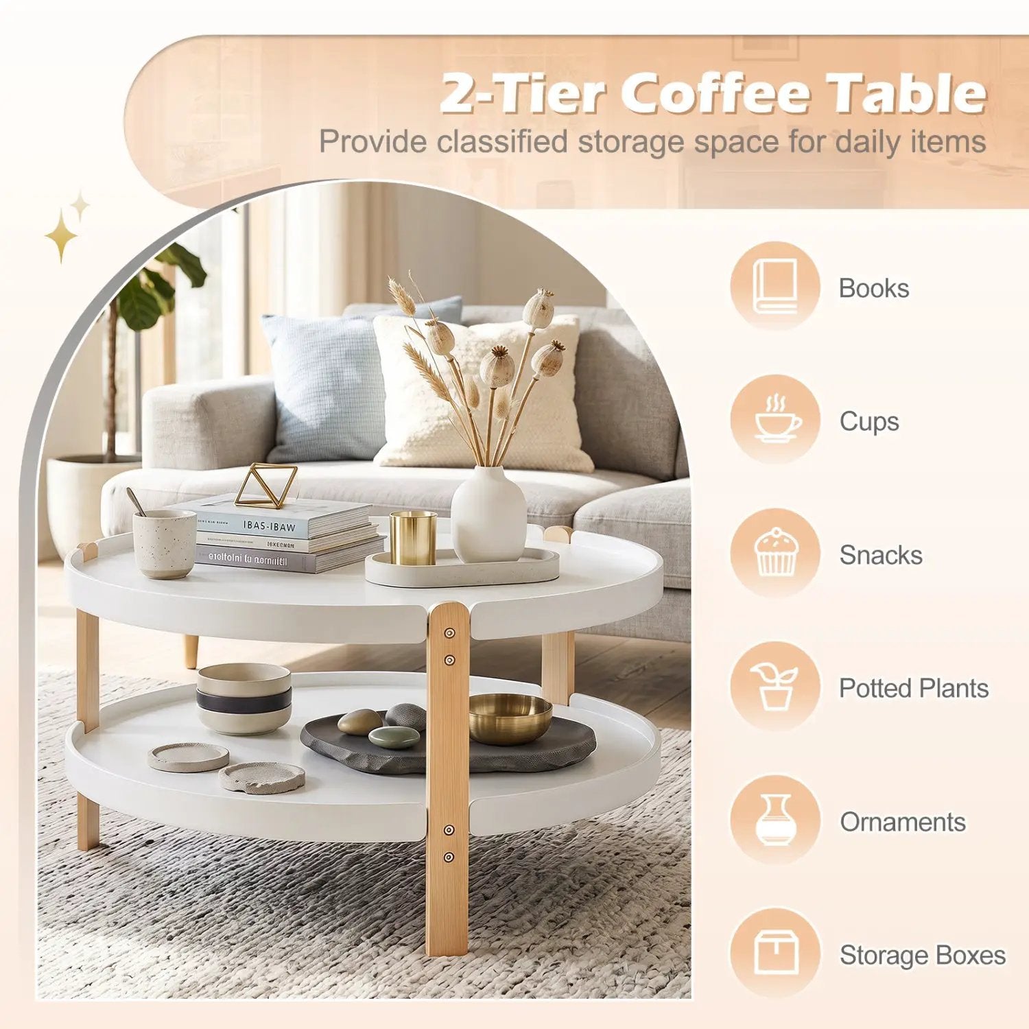 Round Coffee Table with 2-Tier Storage and Beech Wood Legs by DirectDeals