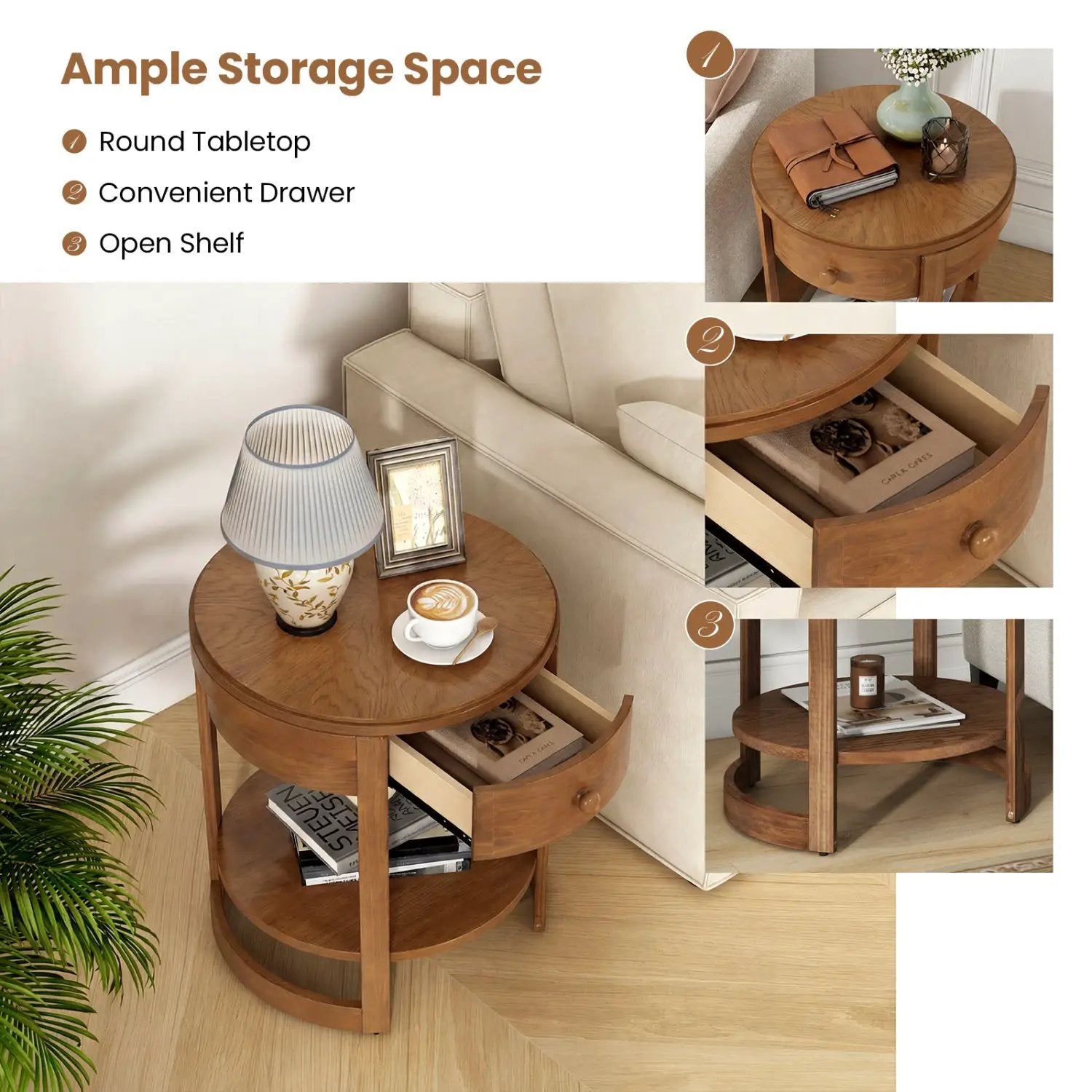Round End Table with Drawer - 2-Tier Mid Century Modern by DirectDeals