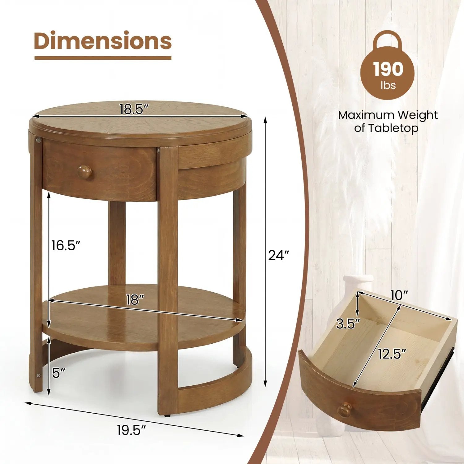 Round End Table with Drawer - 2-Tier Mid Century Modern by DirectDeals
