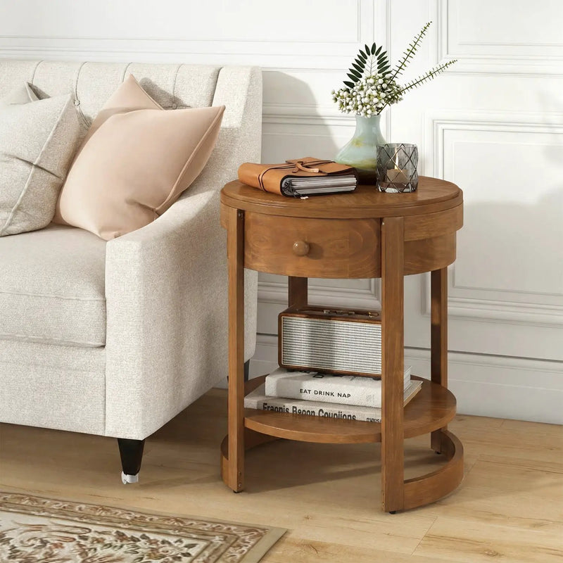 Round End Table Set of 2 with Drawer - Mid Century Modern by DirectDeals