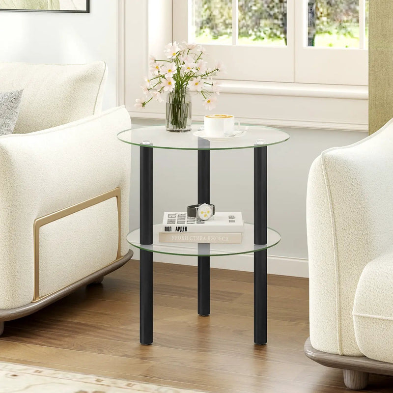 Round End Table with Tempered Glass Top and Shelf by DirectDeals