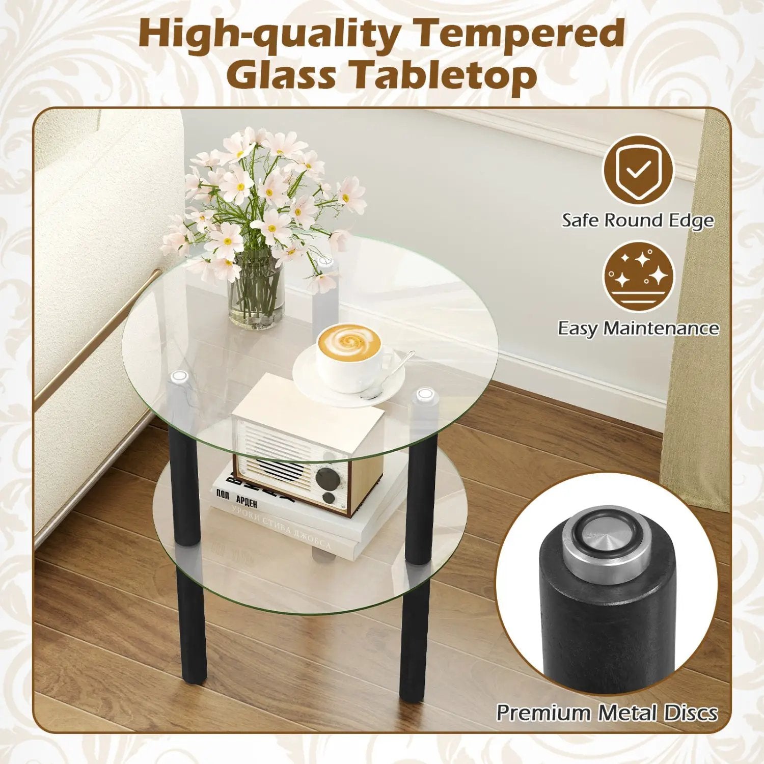 Round End Table with Tempered Glass Top and Shelf by DirectDeals