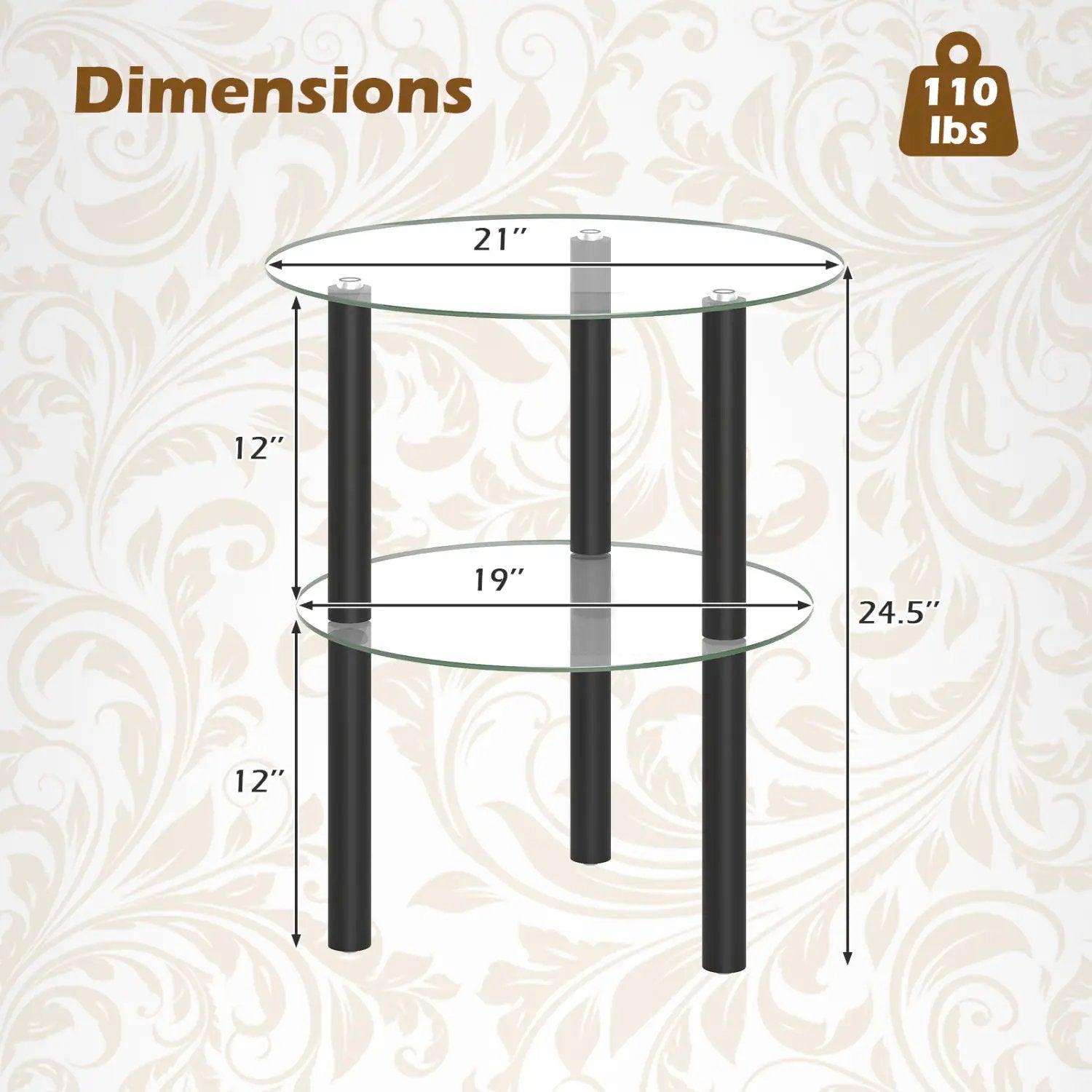 Round End Table with Tempered Glass Top and Shelf by DirectDeals
