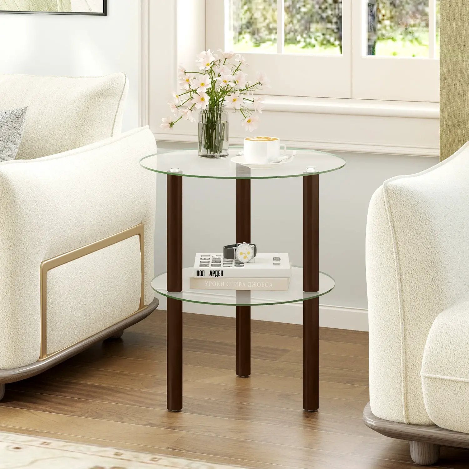 Round End Table with Tempered Glass Top and Shelf by DirectDeals