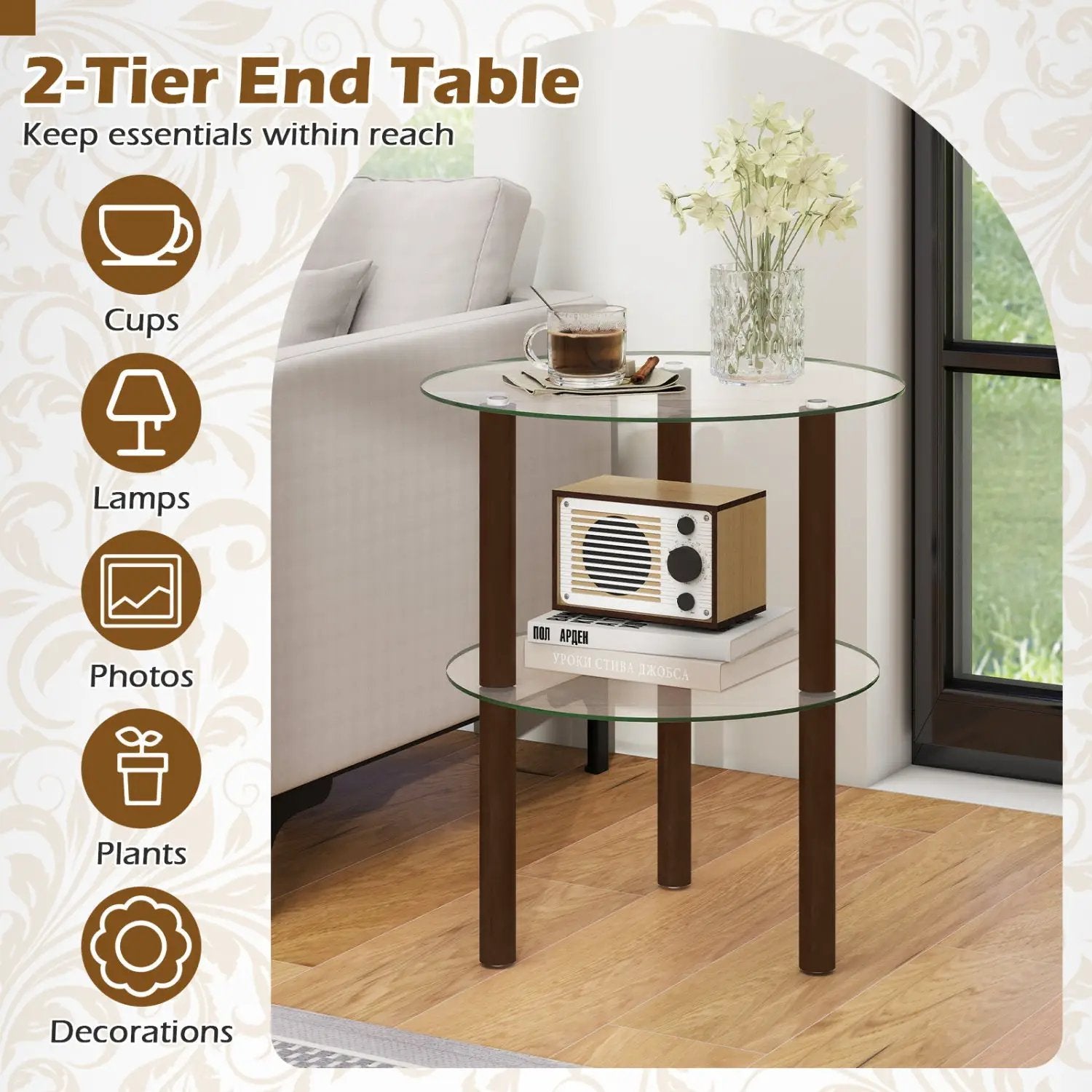 Round End Table with Tempered Glass Top and Shelf by DirectDeals