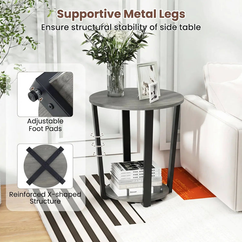 Round End Table with Storage Shelf and Metal Frame by DirectDeals