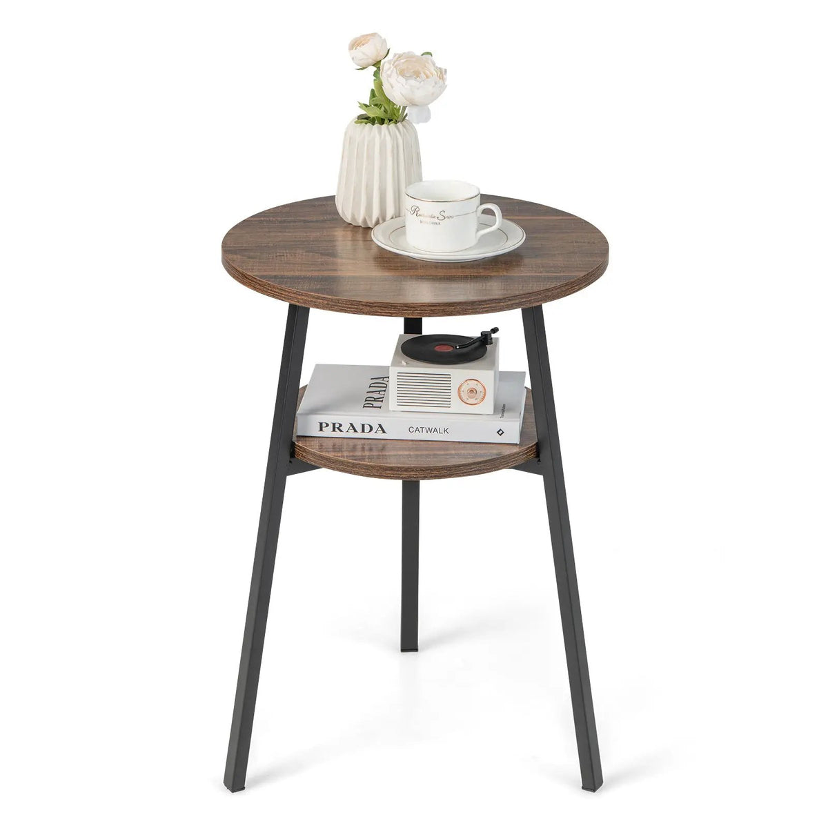2-Tier Round End Table with Open Shelf and Triangular Metal Frame, photo 5 of 16