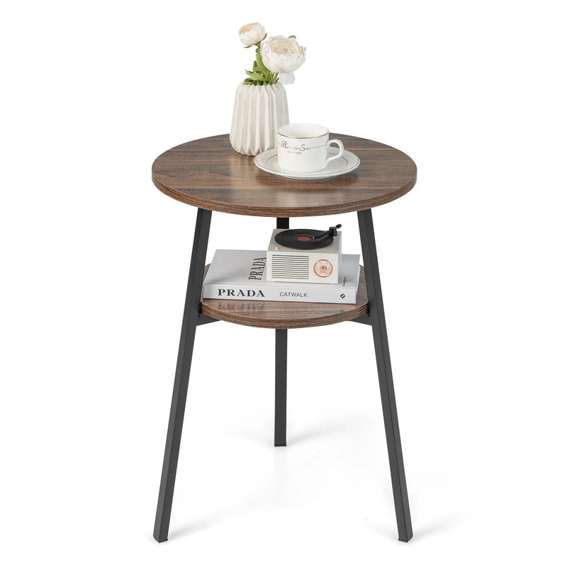 2-Tier Round End Table with Open Shelf and Triangular Metal Frame by DirectDeals